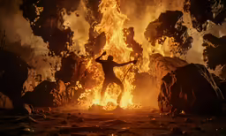 a man is silhouetted against the backdrop of fire