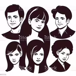 several heads of people in black and white, with an individual being the same person,four different faces of the same man and woman royalty