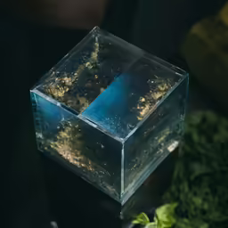 a large glass cube is shown next to a leafy plant