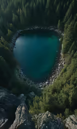 the lake is surrounded by many rocks and trees
