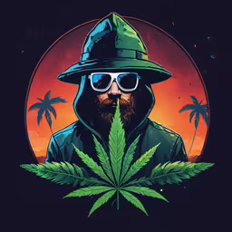 a man with a hat, sunglasses and a marijuana leaf,a man with sunglasses and a hat is standing next to a marijuana