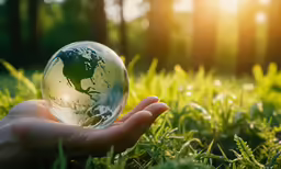 hand holding small globe on a grassy field
