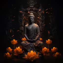 a large buddha sitting in front of yellow water lilies