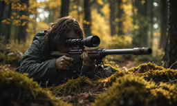 a man that is standing in the grass with a rifle