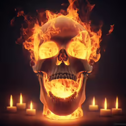 a flaming skull and burning candles, in front of it