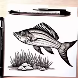 a drawing with pen, marker and an ink brush on it,this is the image of a fish drawing,a pen drawing on paper depicting a fish and some water,a drawing of a fish on paper with a fountain pen,a drawing of a fish with grass and rocks