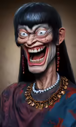 a woman wearing a creepy mask while smiling