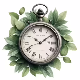 a small clock sitting in the middle of leaves