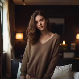 a woman with long hair wearing a sweater and pants standing next to a bed