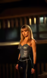 a female in a leather outfit posing for a picture