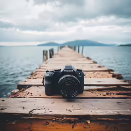 a camera sitting on top of a wooden pier
