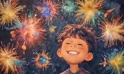 a boy smiling with fireworks in the background