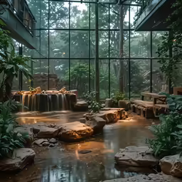 the glass walled area has a waterfall in it