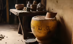 there are some pottery on a table in the room