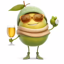 an image of a cute fruit character with wine glass