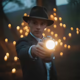 a man in a suit with a black hat holding a flashlight