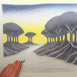 /tmp/FOOkFD3mj.jpg = a drawing of an area that looks to be in the middle of a forest with a yellow sun
,/tmp/FOOkFD3mj.jpg = a person drawing trees on a paper
,/tmp/FOOkFD3mj.jpg = someone is drawing some trees in the middle of the night
,/tmp/FOOkFD3mj.jpg = someone