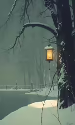 a lantern with a snowy landscape in the background