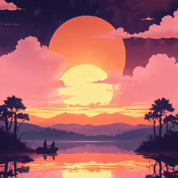 a sunset with clouds that are yellow, purple and pink,a photo taken at sunset with people in the river