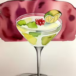 a painting of a cocktail with garnish and fruit in the glass,there is a glass with a fruit in it