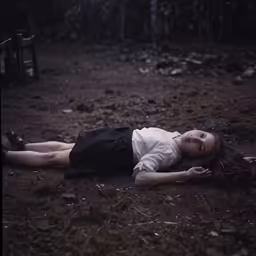 a young lady lying on the ground in an abandoned forest