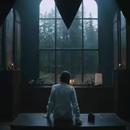 person looking out a window at candlelight at night