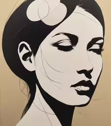 a painting of a woman with dark hair,a black and white drawing of a woman