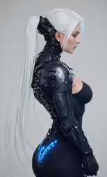 a woman dressed in futuristic gear with white hair and blue makeup