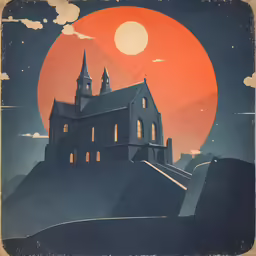 an image of a church at night with orange sky