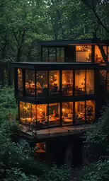 the back side of a house lit up by lamps in the woods