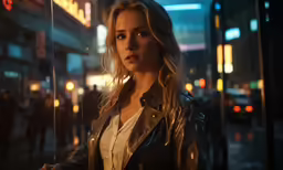 a woman with blonde hair standing in front of a building