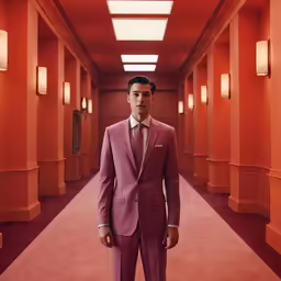 a man dressed in a purple suit stands on the hallway of an orange building