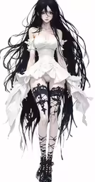 a female wearing white dress and black stockings