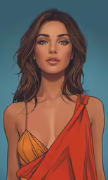 a painting of a beautiful woman with blue eyes and red saris
