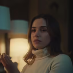 the woman in the white sweater is looking off to her right