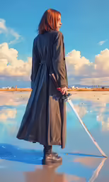 a person in a trench coat holding a long sword