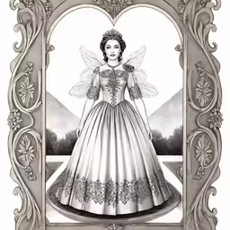 the art work shows a woman in a ball gown, with a large wing, and ornate