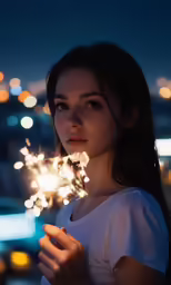 a woman is holding some sparklers in her hands