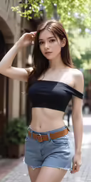 asian girl posing in jeans shorts and crop top