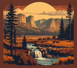 an illustration of a landscape with a waterfall and mountains,there is a painting of an old fashioned mountain stream
