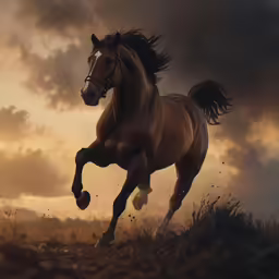 a horse is trotting through the grass during a sunset