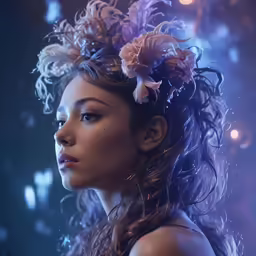 a young woman with a flower in her hair