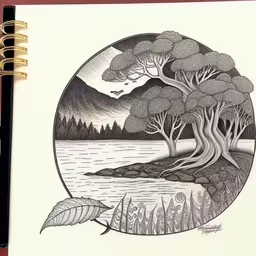 a drawing of a lake with trees near the shore,an illustration of trees that are by the lake,a drawing of a tree in a circular with the name of the picture,a pencil drawing of trees and water in a circle,a notebook with pencils and some drawing of a lake