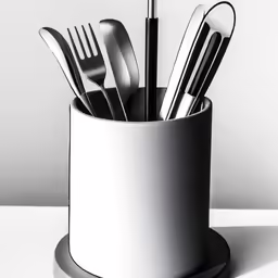 a plastic cup with various forks and spoons