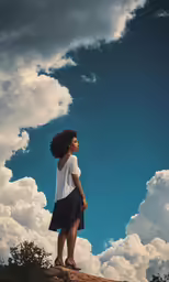 a woman standing on top of a hill looking up into the sky
