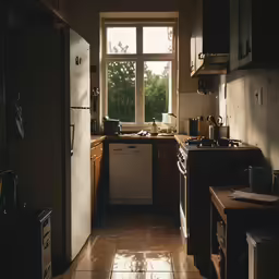 a kitchen has tile flooring and wooden cabinets