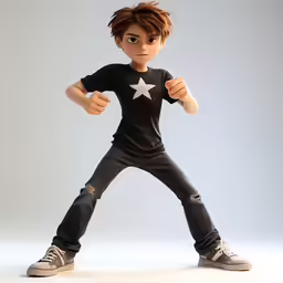 the cartoon boy is posed with his arm in the air