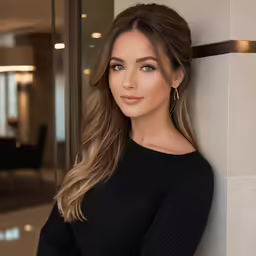 a woman standing by a wall in an office