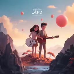 two children are standing near one another, and there is balloons floating