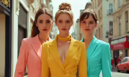 three women standing in the street with one woman wearing a yellow suit